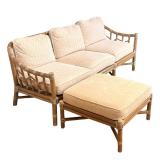 (2pc) MCGUIRE RATTAN & RAWHIDE THREE-CUSHION SOFA & OTTOMAN, ORGANIC MID CENTURY