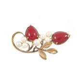 CORAL, PEARL, & 14K GOLD BROOCH