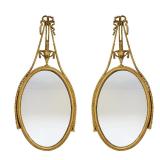 PAIR ADAMS GILTWOOD OVAL HANGING MIRRORS, ROPE & TASSEL MOTIFS