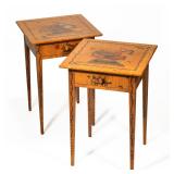 (2pc) BETSY KRIEG SALM PENWORK DECORATED TIGER MAPLE SIDE TABLES