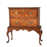 QUEEN ANNE STYLE WALNUT BURL TWO-DRAWER CHEST-ON-STAND