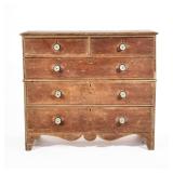 ANTIQUE PINE CHEST OF DRAWERS, TWO-OVER-THREE, SCALLOPED APRON, CERAMIC KNOBS