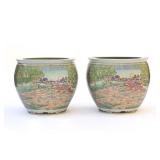 PAIR MONUMENTAL CHINESE EXPORT FISH BOWL JARDINIERES WITH HUNT SCENES