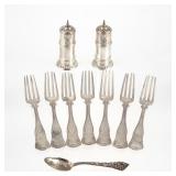 (10pc) SILVER FORKS, STERLING SHAKERS, & SPOON
