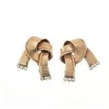 PAIR DIAMOND & 14K GOLD RIBBON FORM EARRINGS