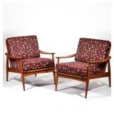 (2pc) PAIR MID-CENTURY TEAK ARMCHAIRS, SCANDINAVIAN STYLE, UPHOLSTERED