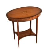 EDWARDIAN MAHOGANY INLAID OVAL TWO-TIER SIDE TABLE