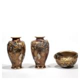 (3pc) JAPANESE GILT SATSUMA VASES & BOWL