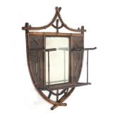 VICTORIAN BAMBOO SHIELD-FORM WALL MIRROR WITH BEVELED GLASS & SHELVES