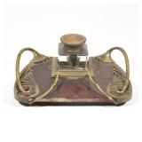 ART NOUVEAU BRASS AND WOOD INKWELL