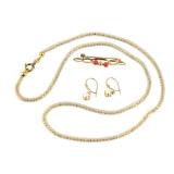 (3pc) 14K GOLD NECKLACE, PIN, & PEARL EARRINGS
