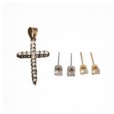 (3pc) 14K GOLD & DIAMOND CROSS PENDANT, SOLITAIRE STUD EARRINGS