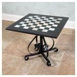MARBLE INLAID CHECKERBOARD TOP SIDE TABLE WITH WROUGHT IRON BASE