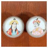 PAIR STERLING SILVER ROUND TRINKET BOXES WITH INDIAN MINIATURE PORTRAITS