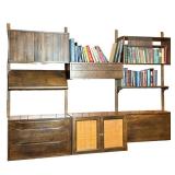 MID-CENTURY MODERN WALNUT MODULAR WALL SHELVING UNIT WITH RATTAN DOORS & DROP-FRONT DESK
