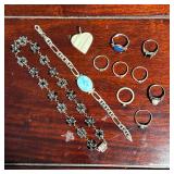 STERLING SILVER JEWELRY LOT WITH CABOCHON BLUE BRACELET, MARCASITE-STYLE NECKLACE, RINGS & HEART PEN