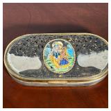 INDIAN ENAMEL & METAL OVAL TRINKET BOX WITH KRISHNA AND RADHA MEDALLION