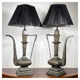 PAIR OF MIDDLE EASTERN BRASS EWER TABLE LAMPS
