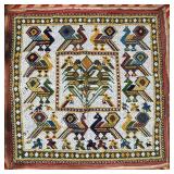 INDIAN EMBROIDERED GLASS BEAD PANEL WITH STYLIZED BIRDS AND CENTRAL TREE