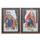 (2pc) PAIR INDIAN MIXED-MEDIA ROYAL PORTRAITS WITH GOLD EMBOSSING AND STONE INLAY