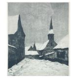 FRENCH SCHOOL (20TH CENTURY) ETCHING, "VILLAGE SOUS LA NEIGE" SIGNED, 47/100