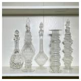 (5pc) ROMANIAN-MADE RIBBED CLEAR GLASS CANDLESTICK & DECANTERS WITH STOPPERS