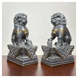 PAIR OF CHINESE FOO DOG GUARDIAN LIONS, SILVER-TONE METAL WITH GILT ACCENTS