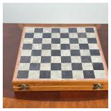 VINTAGE INDIAN CLOISONNÉ ENAMELED CHESS SET WITH INLAID STONE BOARD