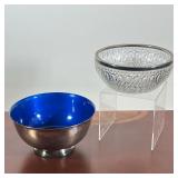 (2pc) REED & BARTON SILVERPLATE BOWL WITH BLUE ENAMEL INTERIOR & PRESSED CUT GLASS BOWL WITH SILVER 