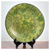 VINTAGE HAND-PAINTED LACQUER CHARGER WITH GREEN AND GOLD CHRYSANTHEMUM DECORATION