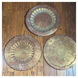 (3pc) INDIAN HAMMERED BRASS ETCHED CHARGER TRIO WITH PEACOCK MOTIFS