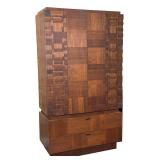 MID-CENTURY MODERN WALNUT BRUTALIST PATCHWORK DOOR ARMOIRE, POSSIBLY LANE STACCATO