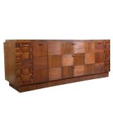 MID-CENTURY MODERN BRUTALIST WALNUT LOWBOY DRESSER WITH MIRROR, POSSIBLY LANE STACCATO
