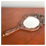 CARVED WOOD HAND MIRROR WITH FLORAL & SCROLL MOTIFS