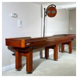 GAMENAMICS SHUFFLEBOARD TABLE WITH ELECTRONIC SCOREBOARD | Long finished wood shuffleboard table wit