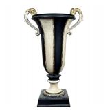 NEOCLASSICAL-STYLE BLACK & CREAM PAINTED URN WITH GILT HANDLES | Urn-form vase on a stepped square p
