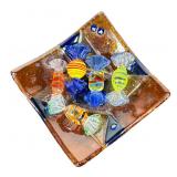 (6pc) MURANO-STYLE FUSED ART GLASS DISH WITH LAMPWORK CANDY FORMS | Square fused glass dish with amb