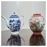 ENGLISH BLUE TRANSFERWARE TEAPOT & JAPANESE-STYLE CRACKLE-GLAZED ENAMELED VASE | Blue-and-white Engl