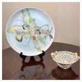 (2pc) HAND-PAINTED WOODPECKER PORCELAIN PLATE & PORCELAIN OPENWORK BASKET WITH APPLIED FLOWERS | Rou
