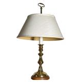 BALDWIN BRASS DESK LAMP WITH WOOD BASE | Polished brass turned-column desk lamp mounted on a circula