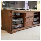 TRADITIONAL CHERRY FINISH MEDIA CREDENZA WITH THREE DRAWERS AND OPEN SHELVES | Cherry-toned stained 