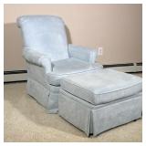 SWIVEL GLIDER SUEDE-UPHOLSTERED ARMCHAIR WITH OTTOMAN | Light blue suede-upholstered swivel glider a