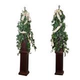 PAIR WOODEN FLUTED COLUMN PLANT STANDS | Pair of tall wooden fluted column plant stands with a dark 