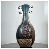 DECORATIVE TEXTURED CERAMIC VASE WITH METAL SCROLL HANDLES | Ovoid ceramic vase with a flared neck a