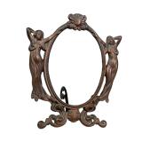 #1 ART NOUVEAU OVAL METAL PHOTO FRAME WITH FIGURAL FEMALES | Cast metal oval frame featuring two dra