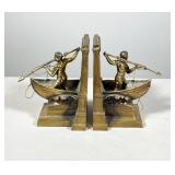 #2 PAIR OF BRASS WHALEMAN BOOKENDS, HARPOONER IN BOAT | Pair of cast brass bookends depicting a knee