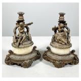 #6 PAIR OF FIGURAL BRONZE-PLATED CANDLESTICKS WITH ALABASTER MOUNTS | Pair of gilt bronze-plated fig