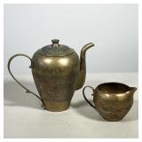#7 (2pc) KOREAN BRASS TEAPOT AND CREAMER WITH REPUSSE DRAGON | Pair of copper-alloy teapot and match