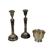 #13 (3pc) PAIR SILVER CANDLESTICKS WITH TURQUOISE CABOCHONS & TOWLE STERLING CUP | Group of three si