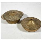 #18 PAIR OF CHINESE BRASS LIDDED BOWLS WITH ENGRAVED CHARACTERS | Pair of small cast brass lidded bo